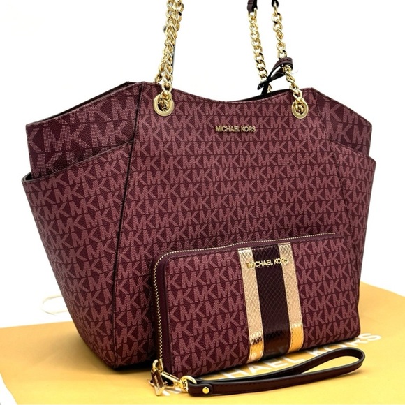 Michael Kors Large JST Chain Shoulder Bag & Large Continental Wallet Ox Blood - Picture 3 of 12